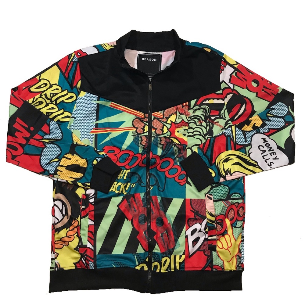 Men’s “Paid Comic” Track Jacket. Sizes Small, Medium, Large, XL.